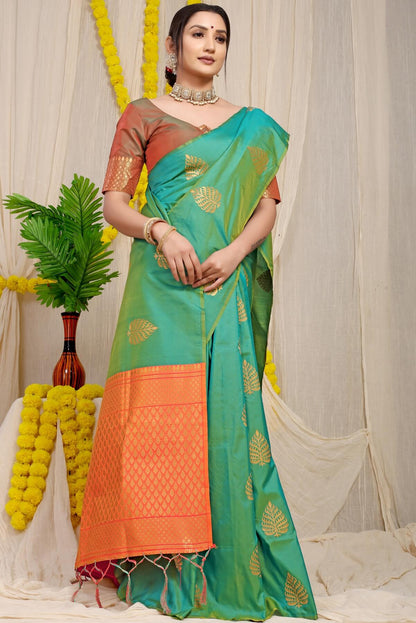 Super extravagant Sea Green Soft Banarasi Silk Saree With Lissome Blouse Piece