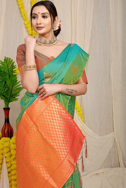Super extravagant Sea Green Soft Banarasi Silk Saree With Lissome Blouse Piece