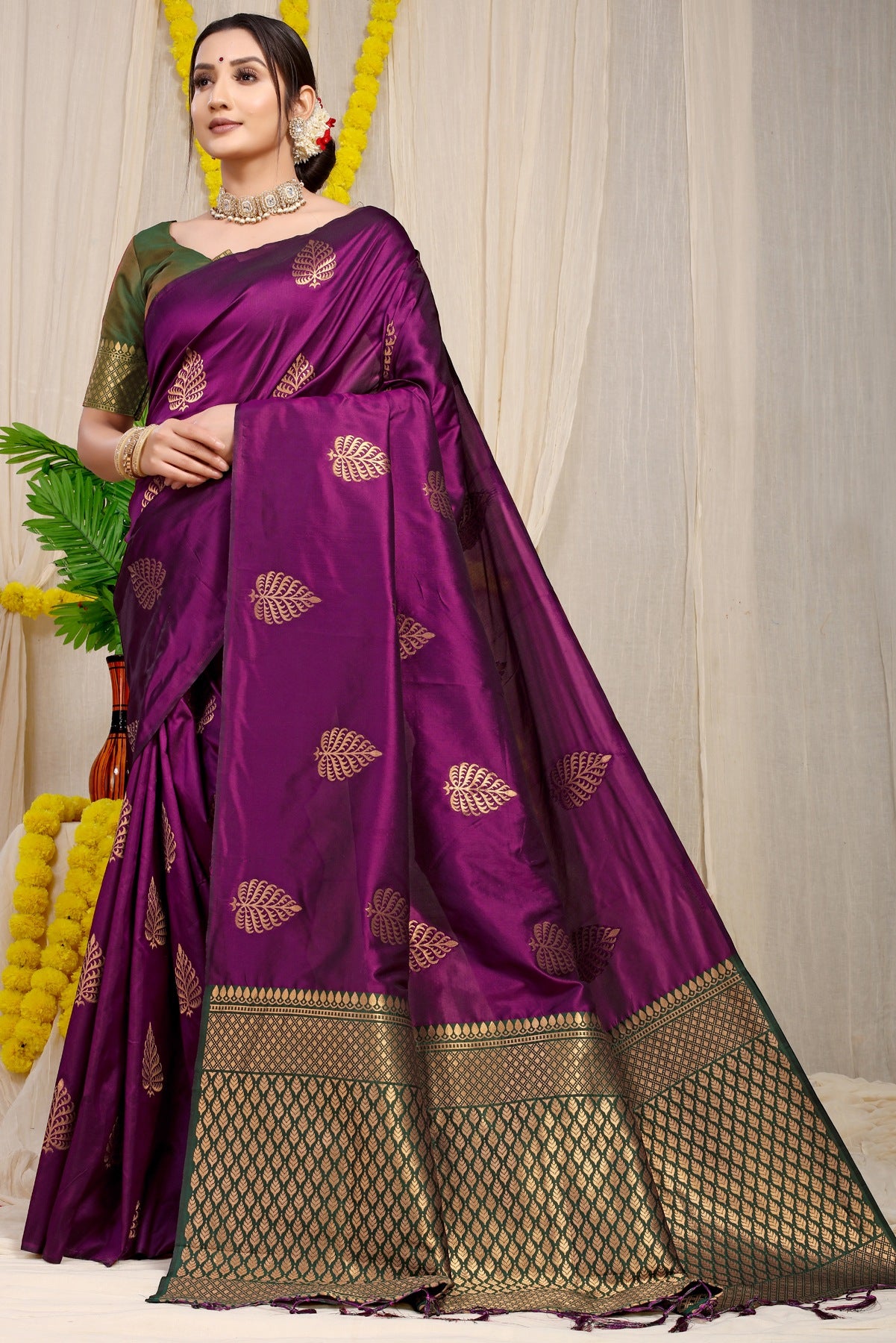 Efflorescence Wine Soft Banarasi Silk Saree With Lissome Blouse Piece