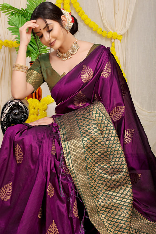 Load image into Gallery viewer, Efflorescence Wine Soft Banarasi Silk Saree With Lissome Blouse Piece
