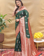 Pretty Dark Green Soft Banarasi Silk Saree With Flaunt Blouse Piece