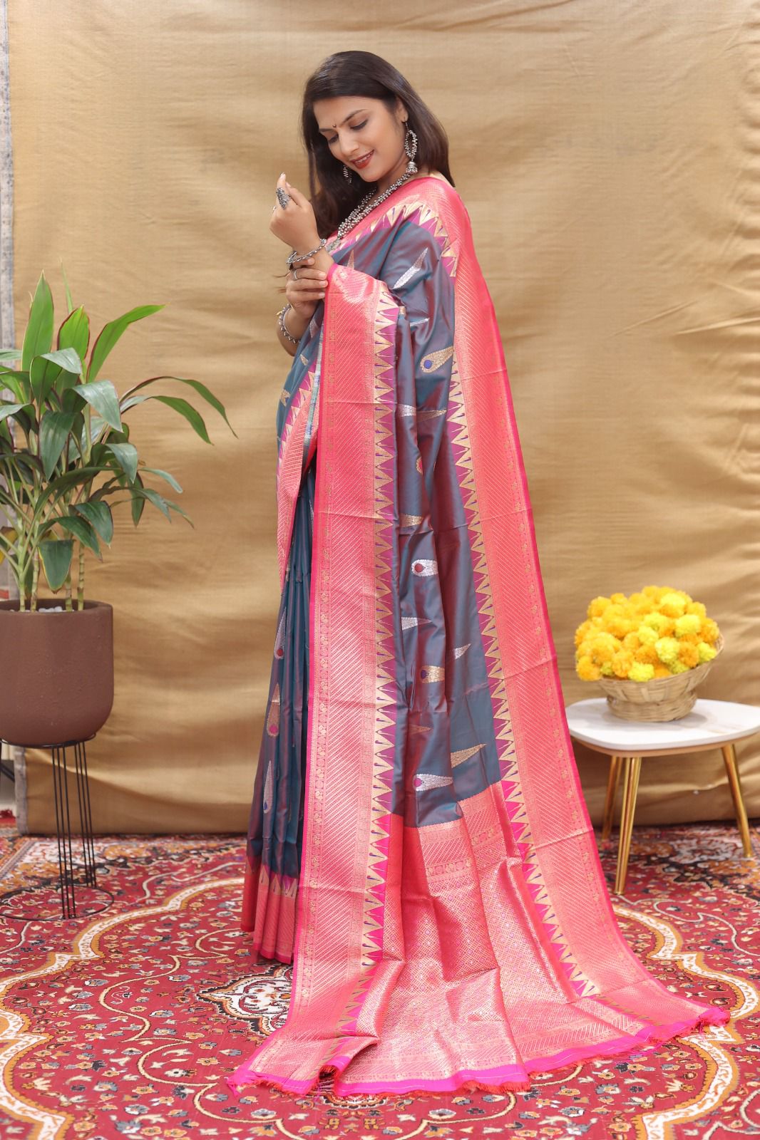 Skinny Grey Soft Banarasi Silk Saree With Designer Blouse Piece