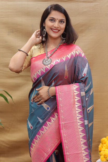 Skinny Grey Soft Banarasi Silk Saree With Designer Blouse Piece