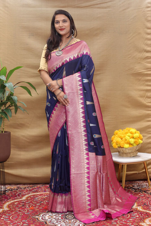 Load image into Gallery viewer, Engrossing Navy Blue Soft Banarasi Silk Saree With Desiring Blouse Piece
