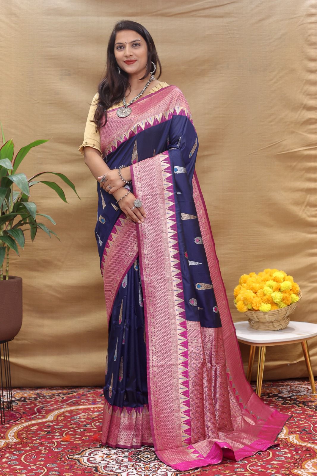 Engrossing Navy Blue Soft Banarasi Silk Saree With Desiring Blouse Piece
