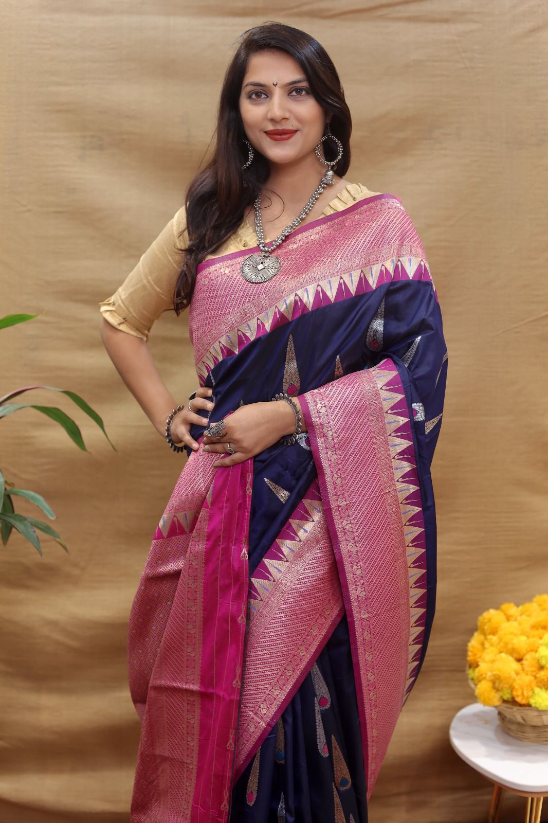 Engrossing Navy Blue Soft Banarasi Silk Saree With Desiring Blouse Piece
