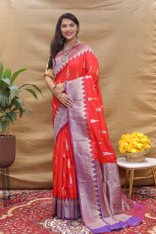 Load image into Gallery viewer, Extraordinary Red Soft Banarasi Silk Saree With Skinny Blouse Piece
