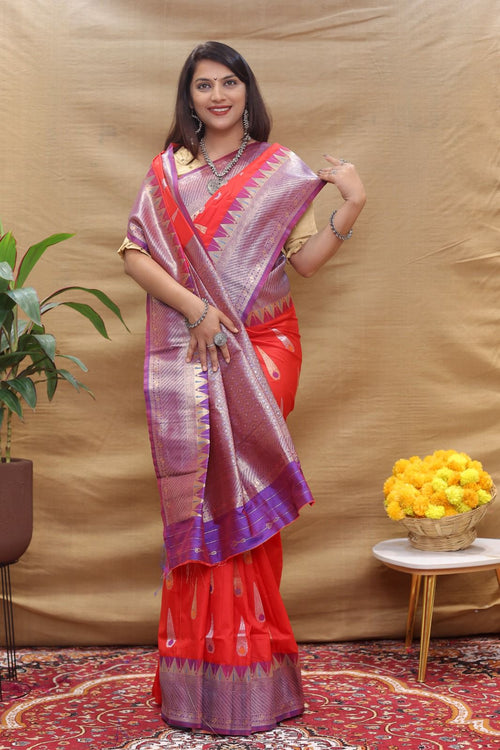 Load image into Gallery viewer, Extraordinary Red Soft Banarasi Silk Saree With Skinny Blouse Piece
