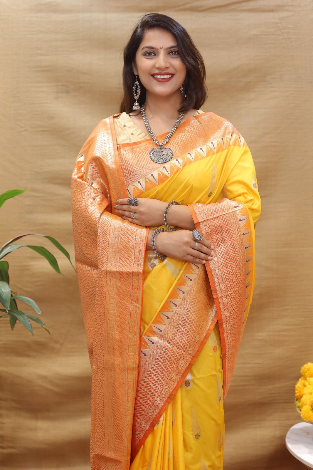 Ethnic Yellow Soft Banarasi Silk Saree With Exceptional Blouse Piece