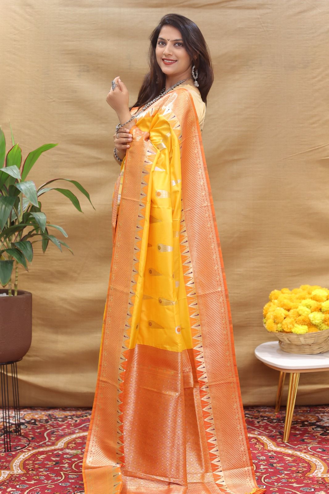 Ethnic Yellow Soft Banarasi Silk Saree With Exceptional Blouse Piece