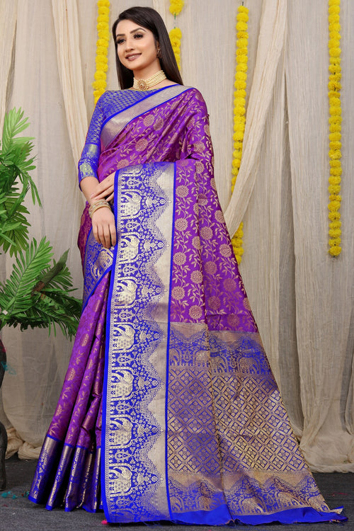 Load image into Gallery viewer, Gorgeous Purple Kanjivaram Silk and Fugacious Blouse Piece
