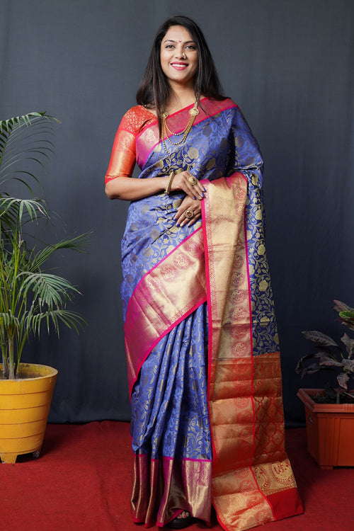 Load image into Gallery viewer, Pleasurable Blue Kanjivaram Silk With Conflate Blouse Piece
