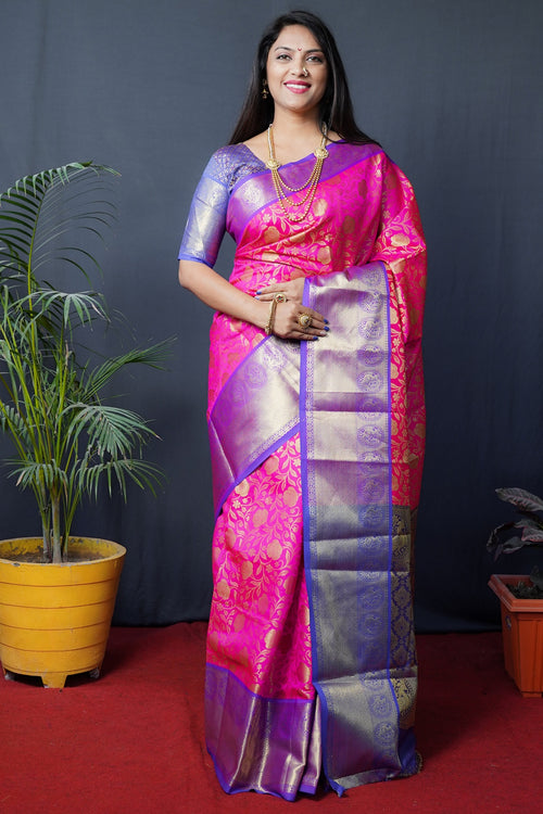 Load image into Gallery viewer, Smashing Dark Pink Kanjivaram Silk With Conflate Blouse Piece
