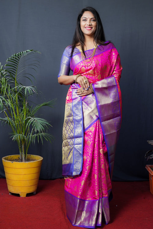 Load image into Gallery viewer, Smashing Dark Pink Kanjivaram Silk With Conflate Blouse Piece
