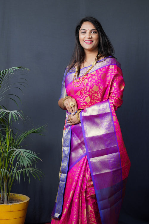 Load image into Gallery viewer, Smashing Dark Pink Kanjivaram Silk With Conflate Blouse Piece
