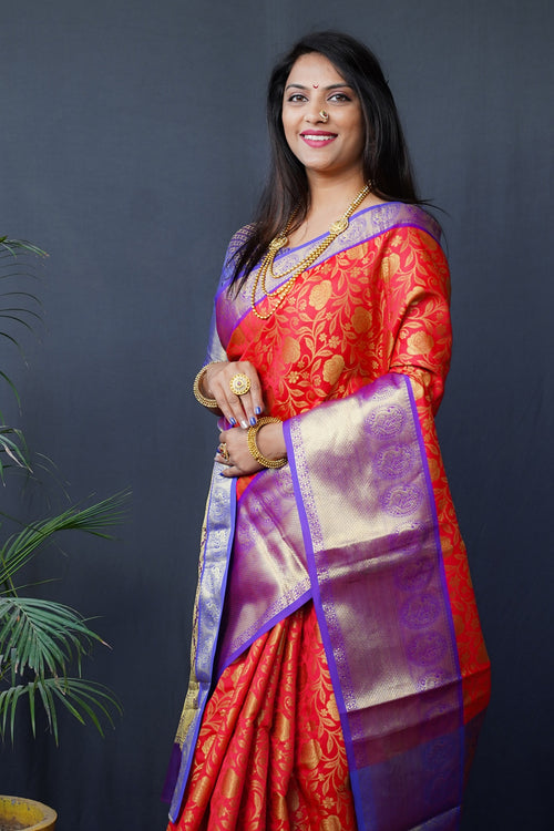 Load image into Gallery viewer, Gratifying Red Kanjivaram Silk With Conflate Blouse Piece
