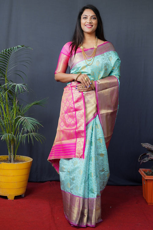 Load image into Gallery viewer, Splendiferous Sky Kanjivaram Silk With Conflate Blouse Piece
