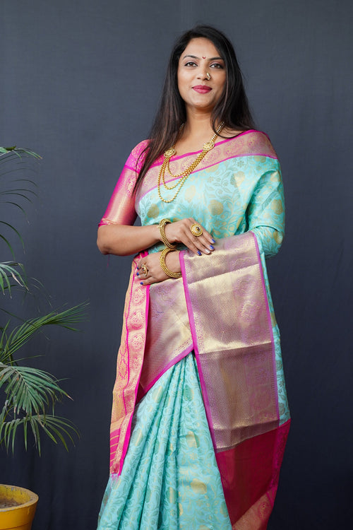 Load image into Gallery viewer, Splendiferous Sky Kanjivaram Silk With Conflate Blouse Piece
