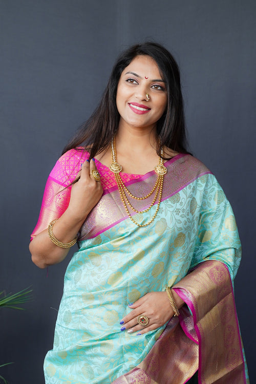 Load image into Gallery viewer, Splendiferous Sky Kanjivaram Silk With Conflate Blouse Piece
