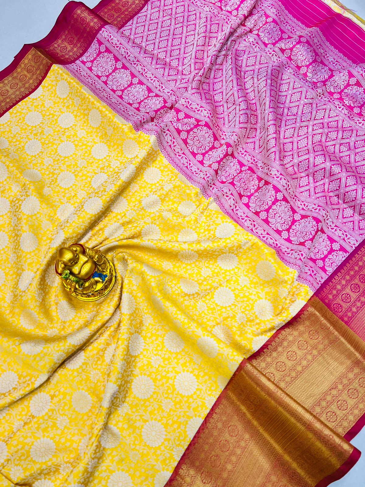 Assemblage Yellow Kanjivaram Silk With Beleaguer Blouse Piece