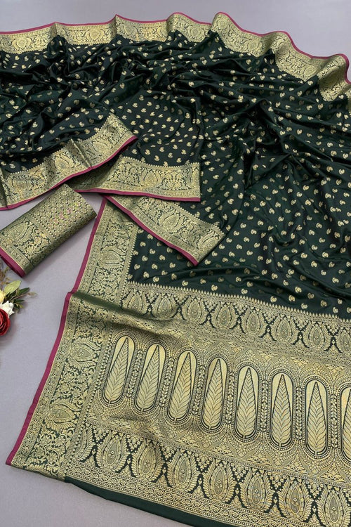 Load image into Gallery viewer, Elegant Dark Green Banarasi Satin Silk Saree With Jazzy Blouse
