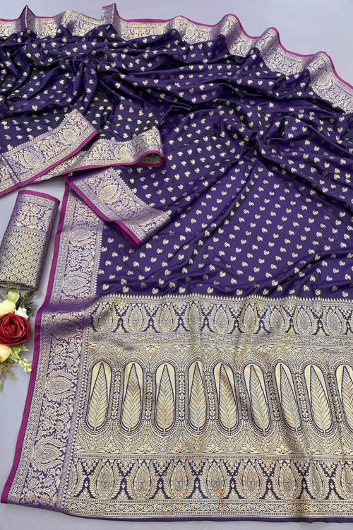 Load image into Gallery viewer, Assemblage Purple Banarasi Satin Silk Saree With Embrocation Blouse
