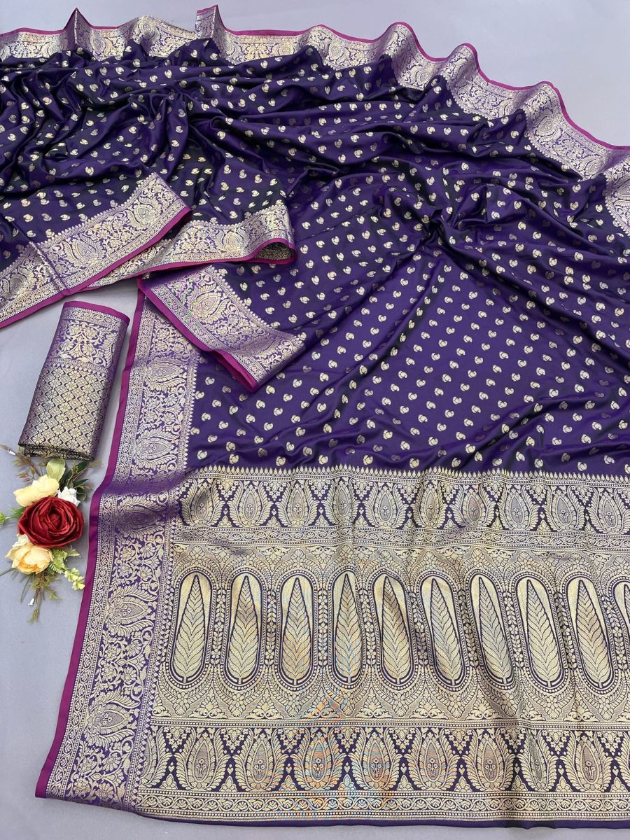 Assemblage Purple Banarasi Satin Silk Saree With Embrocation Blouse