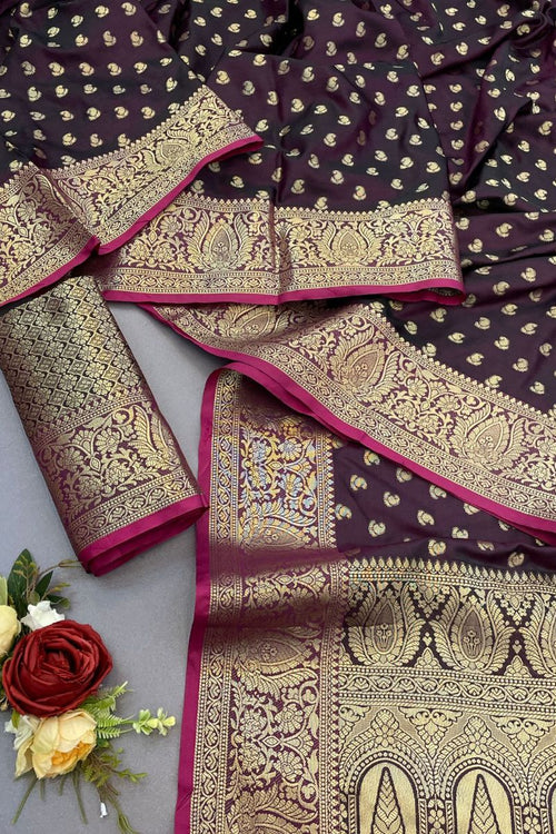 Load image into Gallery viewer, Felicitous Wine Banarasi Satin Silk Saree With Improbable Blouse
