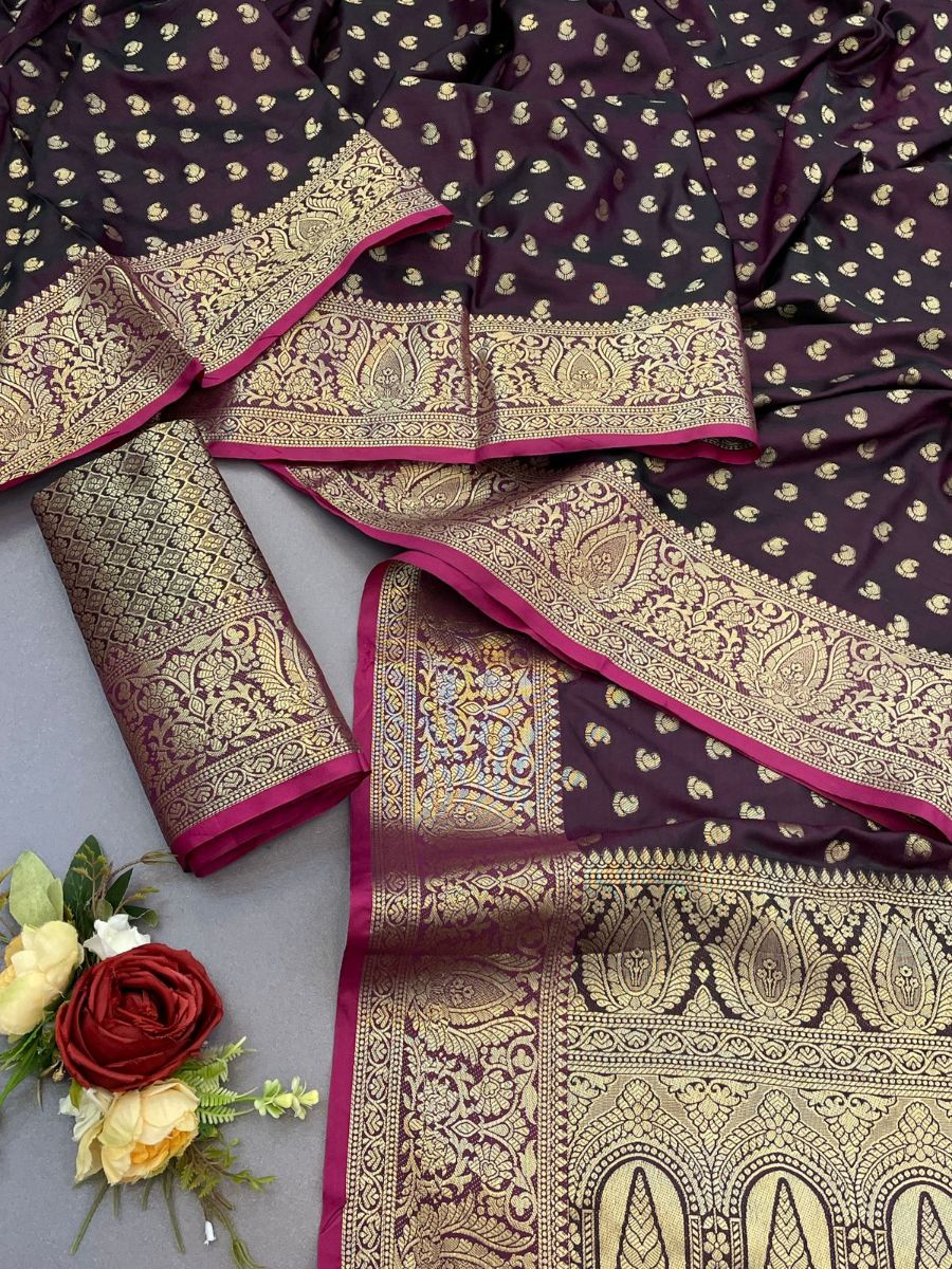 Felicitous Wine Banarasi Satin Silk Saree With Improbable Blouse