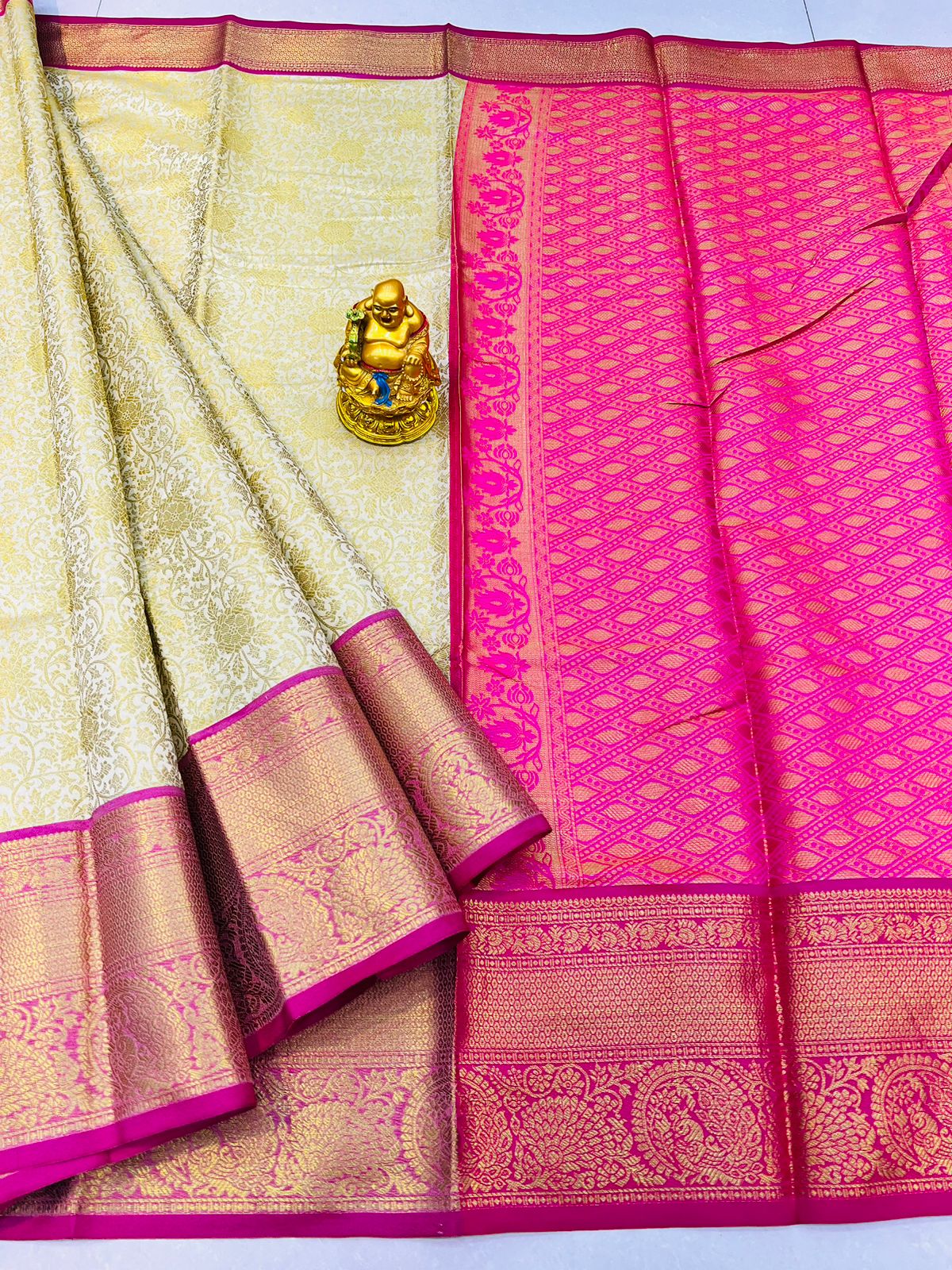 Trendy Beige Kanjivaram Silk With Marvellous Blouse Piece