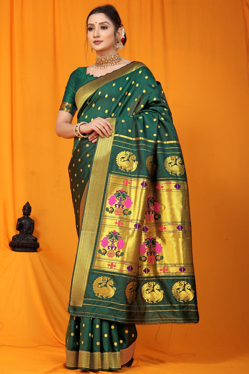 Load image into Gallery viewer, Gorgeous Dark Green Paithani Silk Saree With Super classy Blouse Piece
