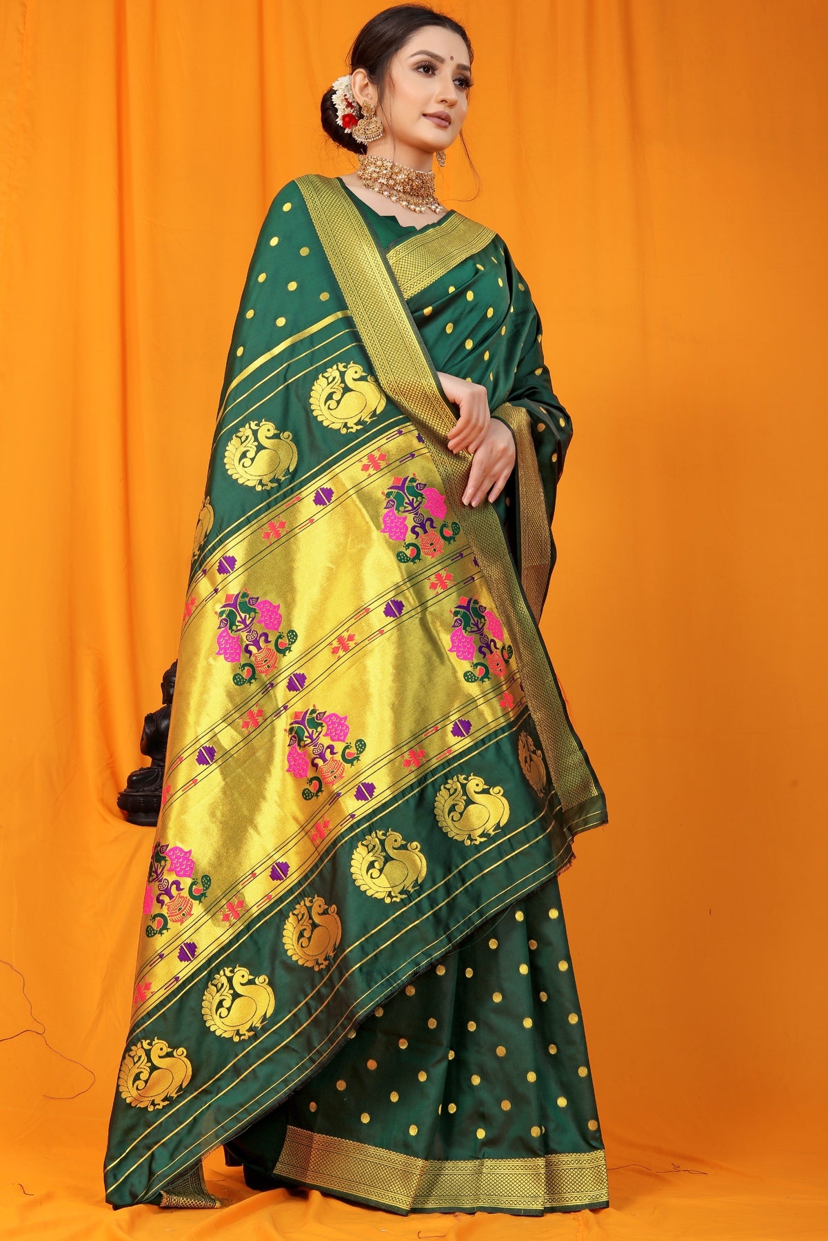 Gorgeous Dark Green Paithani Silk Saree With Super classy Blouse Piece