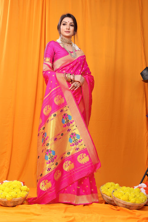 Load image into Gallery viewer, Lovely Dark Pink Paithani Silk Saree With Super classy Blouse Piece

