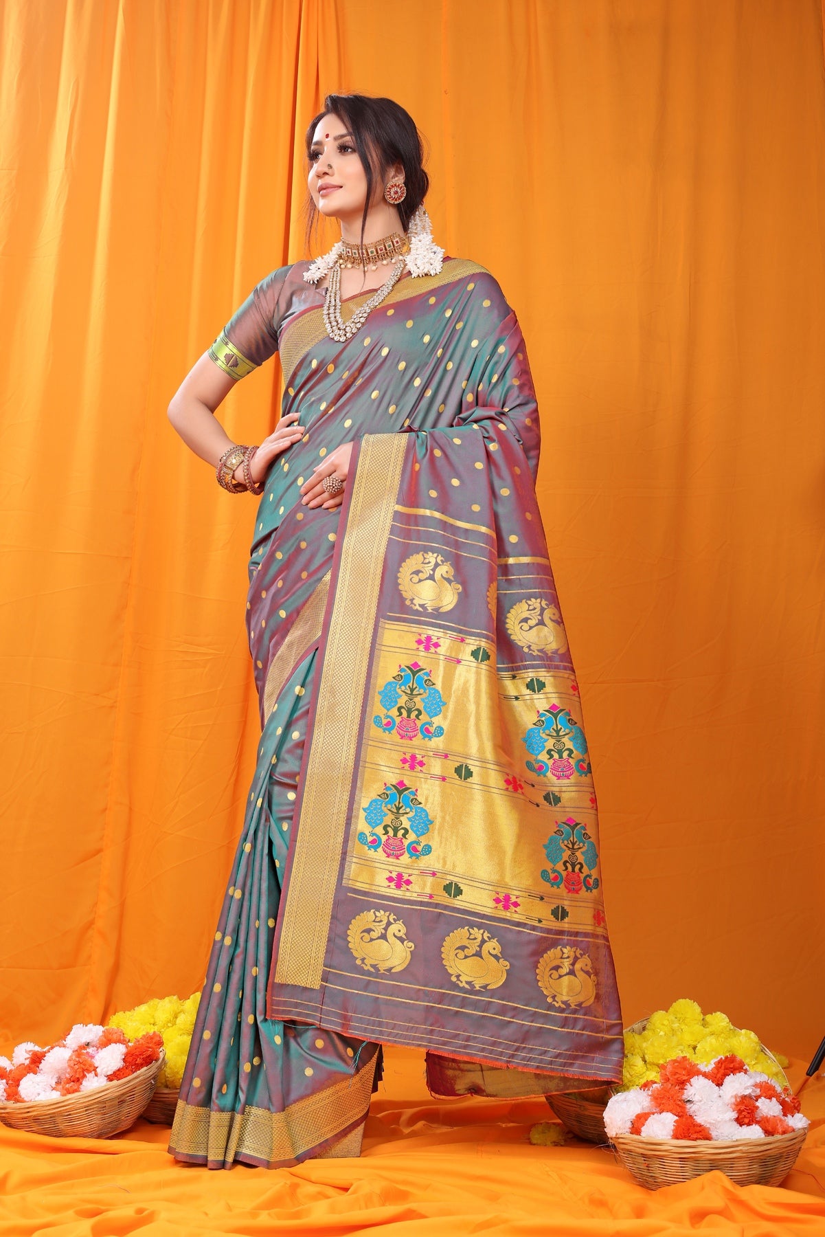 Extraordinary Grey Paithani Silk Saree With Super classy Blouse Piece