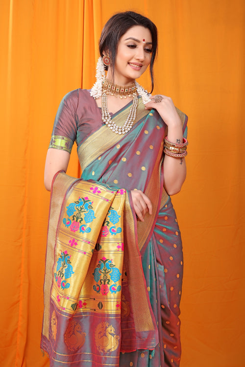Load image into Gallery viewer, Extraordinary Grey Paithani Silk Saree With Super classy Blouse Piece
