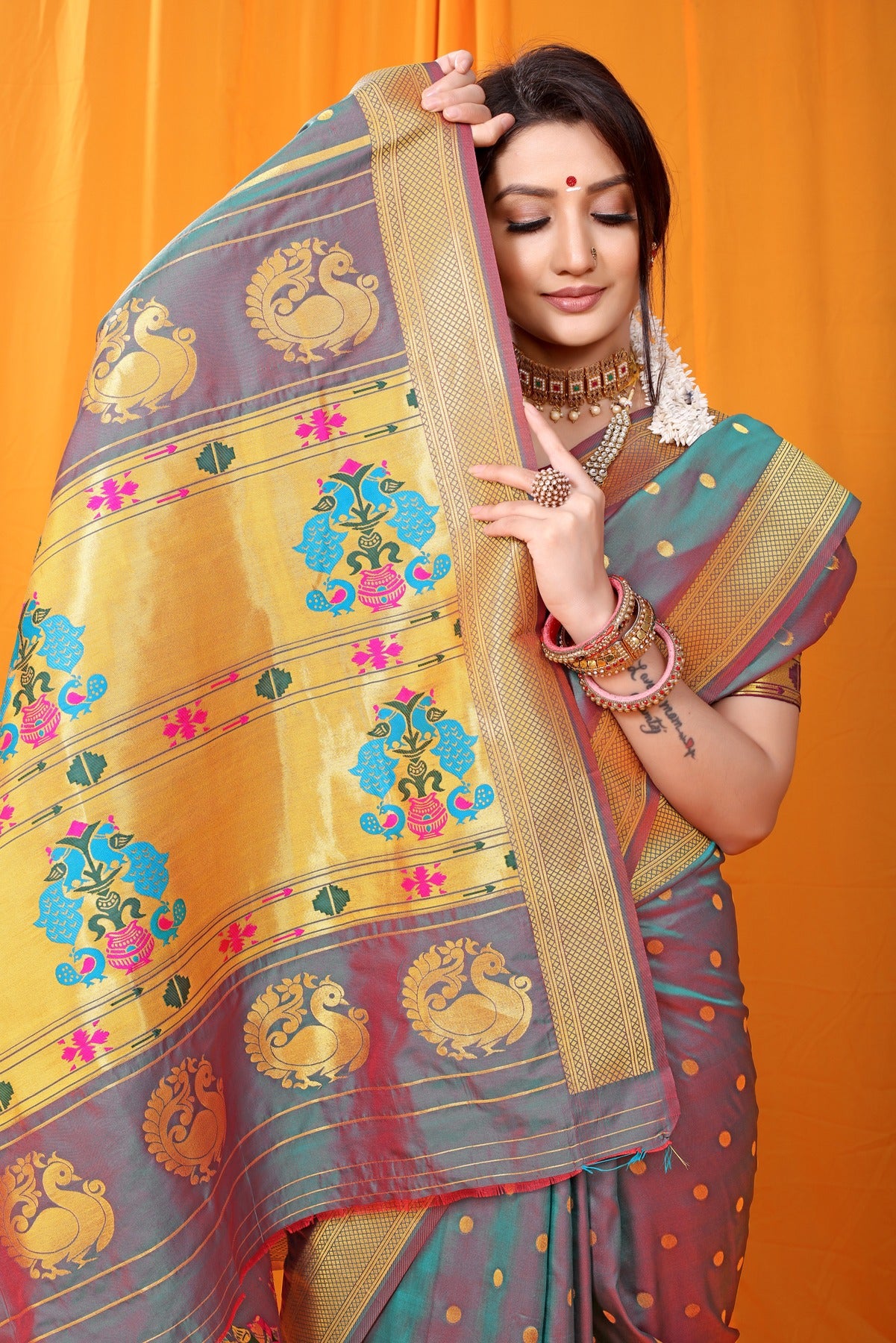 Extraordinary Grey Paithani Silk Saree With Super classy Blouse Piece