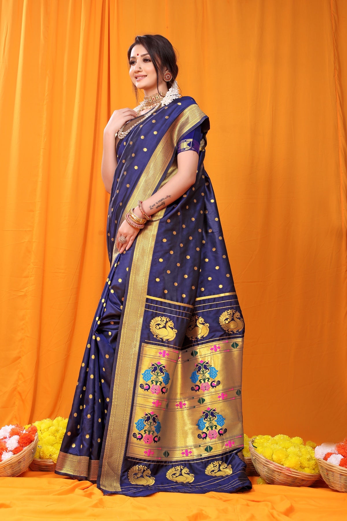 Precious Navy Blue Paithani Silk Saree With Super classy Blouse Piece
