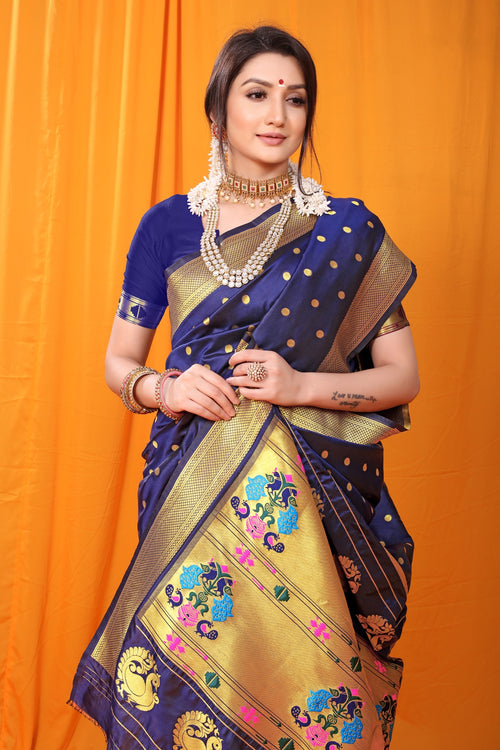 Load image into Gallery viewer, Precious Navy Blue Paithani Silk Saree With Super classy Blouse Piece
