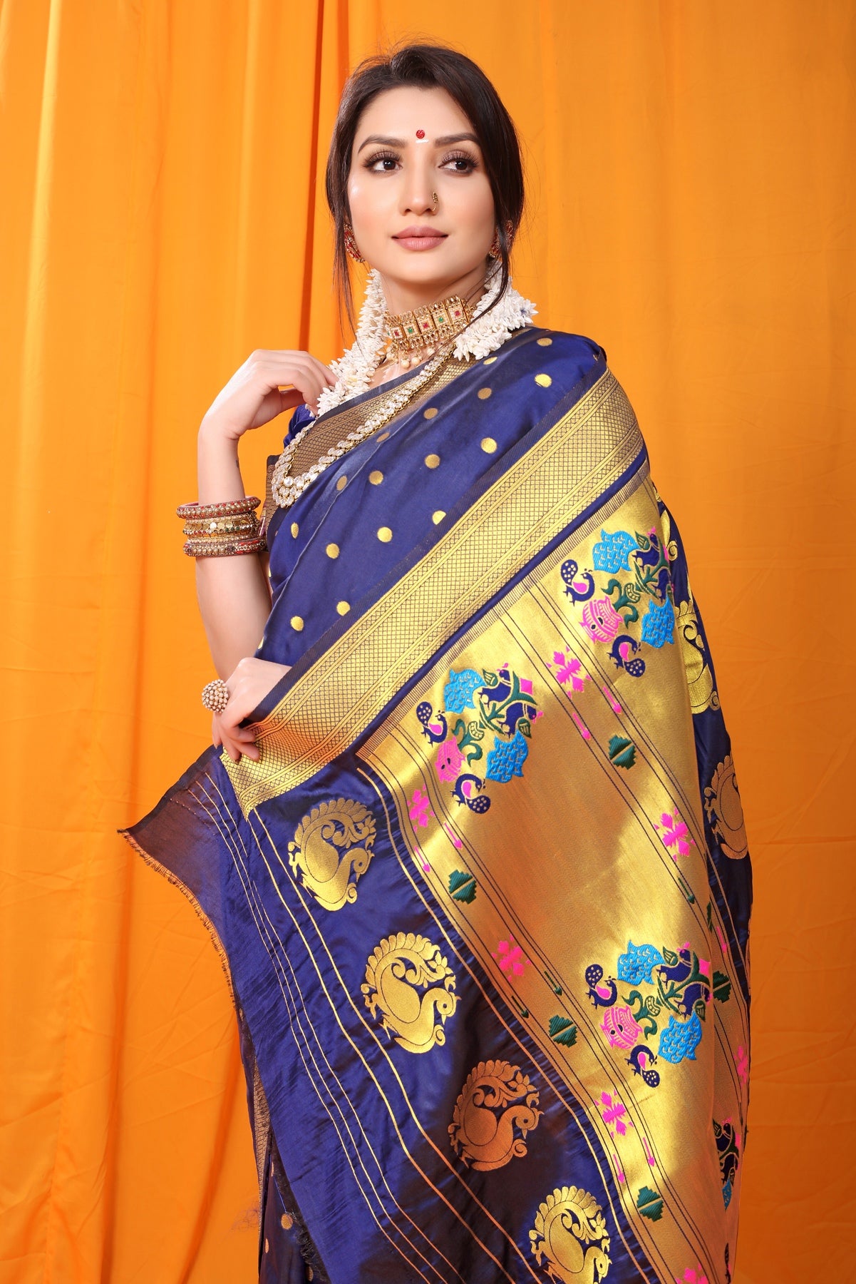 Precious Navy Blue Paithani Silk Saree With Super classy Blouse Piece