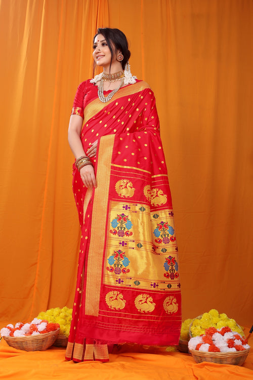 Load image into Gallery viewer, Sophisticated Red Paithani Silk Saree With Super classy Blouse Piece
