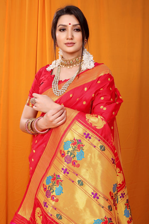 Load image into Gallery viewer, Sophisticated Red Paithani Silk Saree With Super classy Blouse Piece
