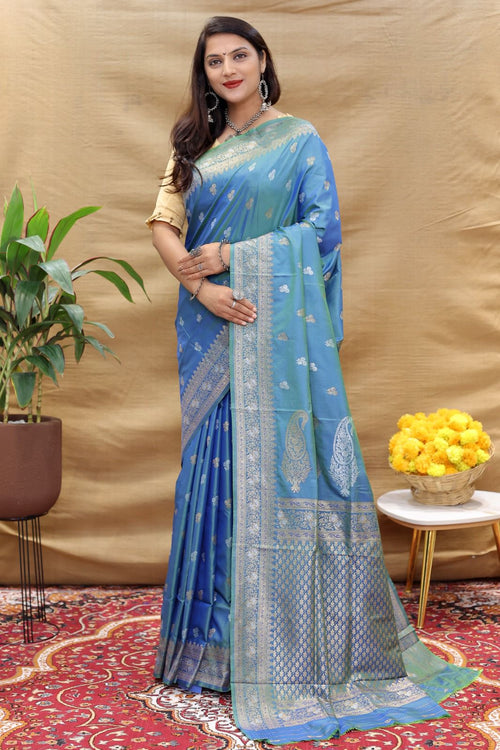 Load image into Gallery viewer, Flattering Blue Soft Banarasi Silk Saree With Mesmerising Blouse Piece
