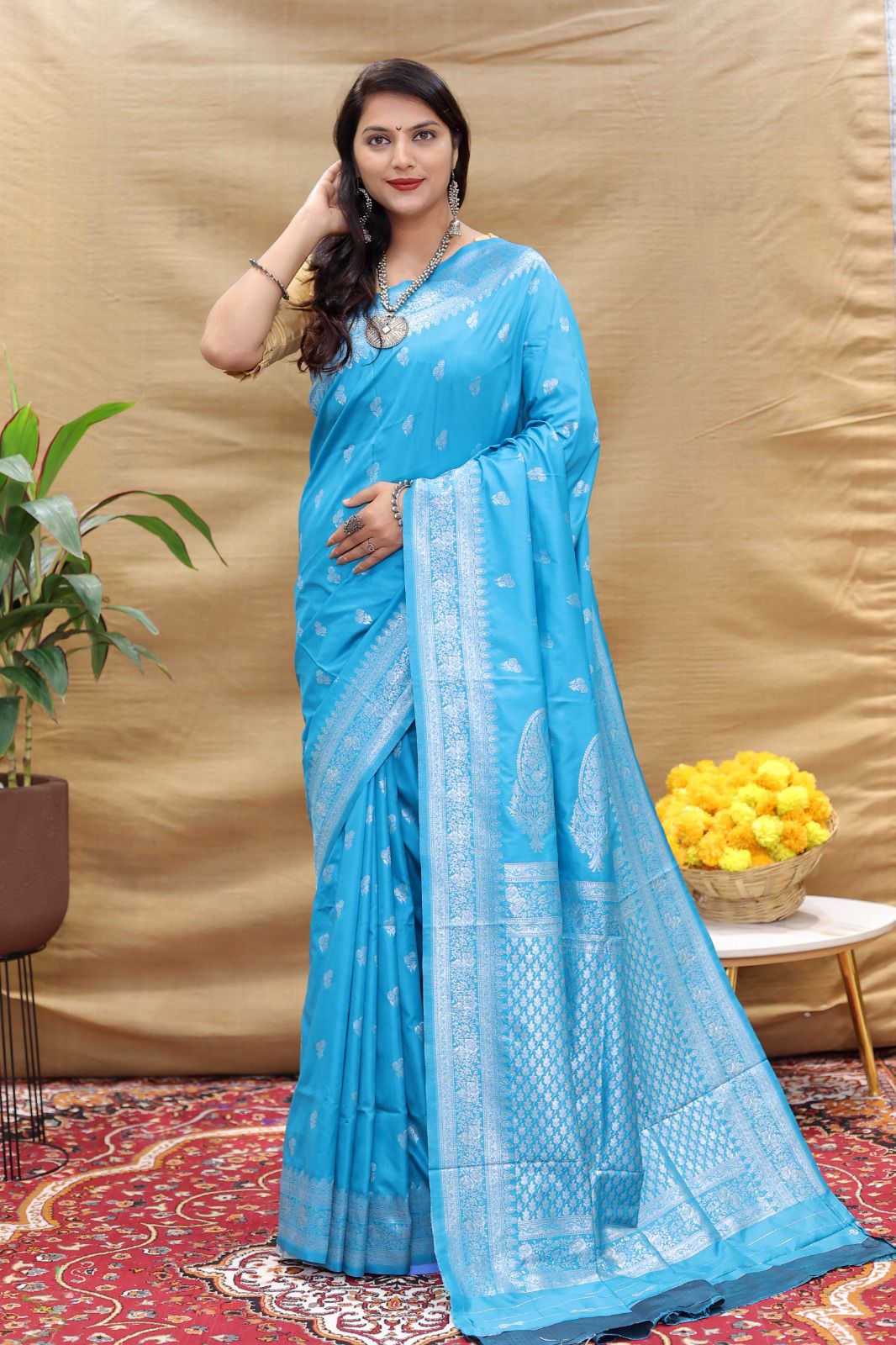 Pretty Firozi Soft Banarasi Silk Saree With Staring Blouse Piece