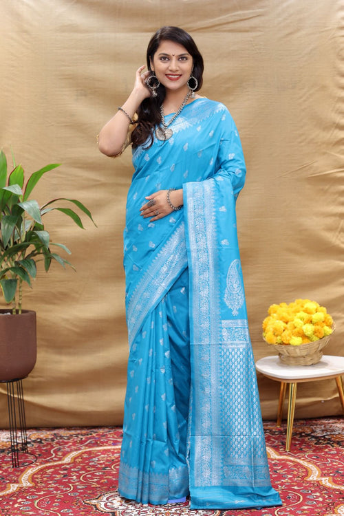 Load image into Gallery viewer, Pretty Firozi Soft Banarasi Silk Saree With Staring Blouse Piece
