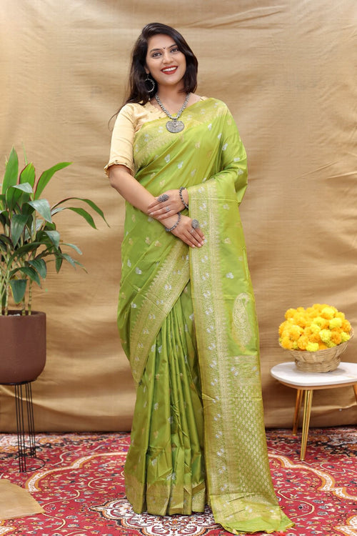 Load image into Gallery viewer, Jazzy Green Soft Banarasi Silk Saree With Prominent Blouse Piece
