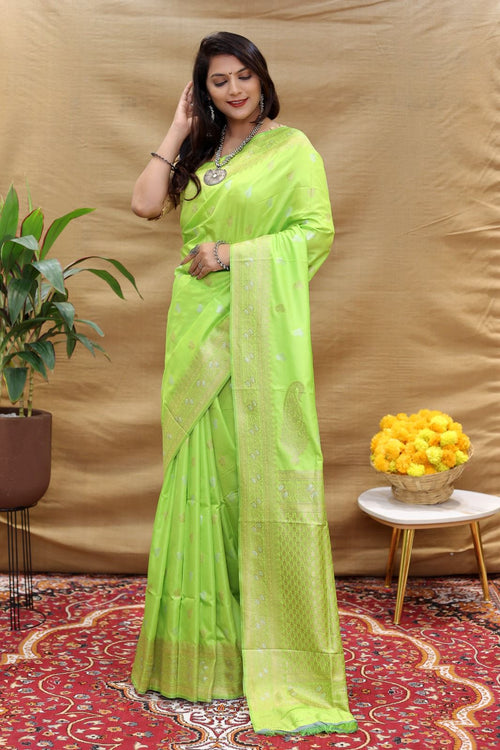 Load image into Gallery viewer, Blissful Parrot Soft Banarasi Silk Saree With Angelic Blouse Piece
