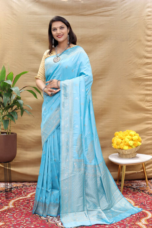 Load image into Gallery viewer, Smashing Sky Soft Banarasi Silk Saree With Tempting Blouse Piece
