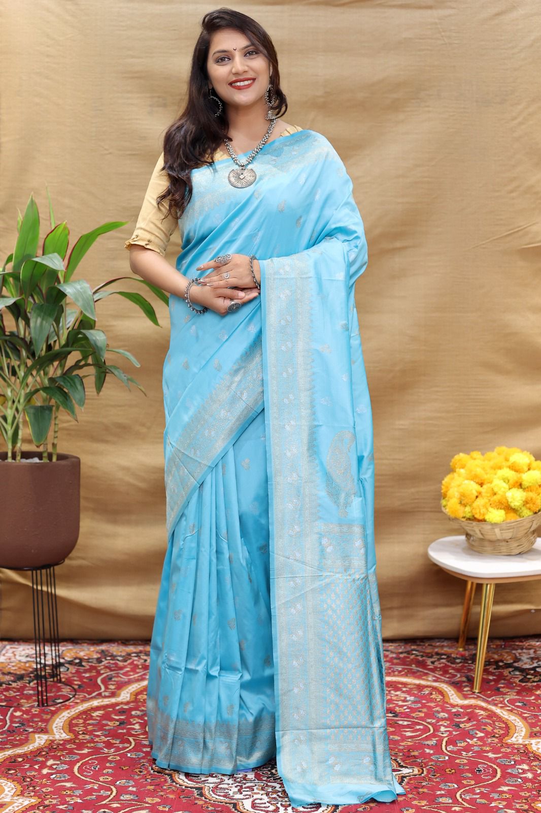 Smashing Sky Soft Banarasi Silk Saree With Tempting Blouse Piece