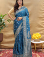 Improbable Teal Blue Soft Banarasi Silk Saree With Glittering Blouse Piece