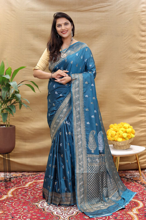 Load image into Gallery viewer, Improbable Teal Blue Soft Banarasi Silk Saree With Glittering Blouse Piece
